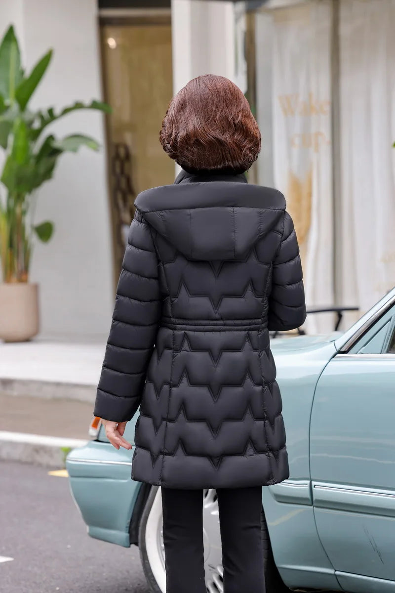 Chaqueta Larga de Algodón Grueso para Mujer, Acolchada, Ajustada, con Cintura Ajustable, Manga Larga, Cierre de Cremallera