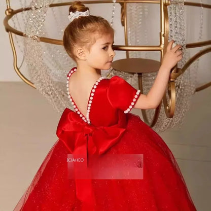 Vestido de fiesta de princesa rojo para niñas, vestido de tul hinchado para cumpleaños, violín, Piano, actuación, desfile de moda, ropa