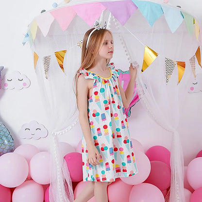 VIKITA-camisola con tirantes para niña, vestido sin mangas con estampado de helado, manga acampanada, ropa de verano