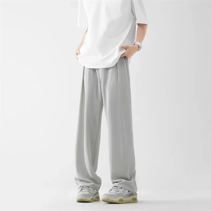 Pantalones bombachos holgados rectos lisos de verano para hombre, pantalones de chándal drapeados deportivos informales, pantalones de pierna ancha con cordón, novedad de 2025