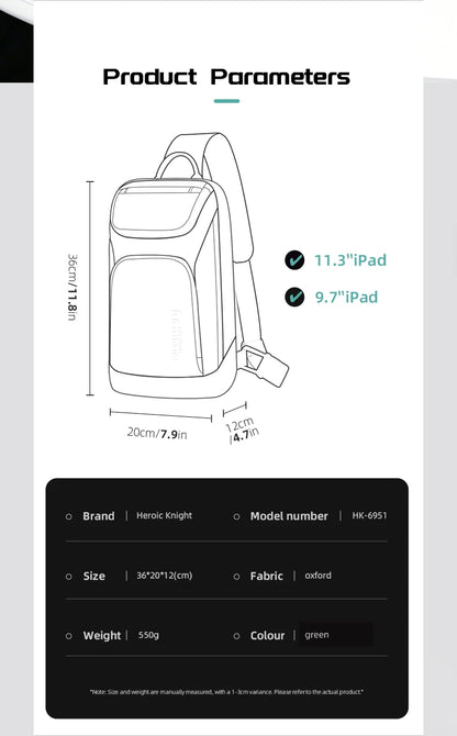 Bolso de hombro multifunción HK para hombre, bolso cruzado impermeable, apto para iPad de 11 pulgadas, bolso bandolera ligero para viajes al aire libre