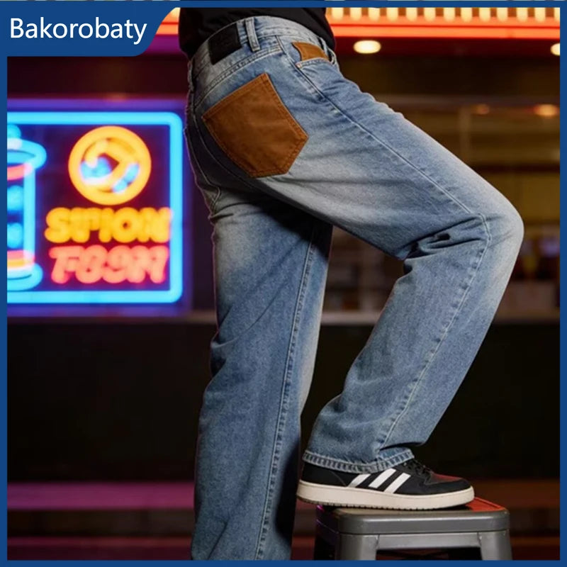 Jeans de pierna recta con parches azules vintage de verano 2026 para hombre, pantalones vaqueros casuales americanos con bolsillos marrones, estilo Y2K, streetwear
