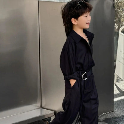 Conjunto de chaqueta y pantalones a rayas negras de manga larga para niños pequeños, primavera y otoño, informal, coreano, para niños guapos