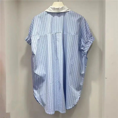 Nuevas Blusas de algodón con cuentas de peras, camisas informales holgadas a rayas para mujer, Blusas de manga corta de gran tamaño con tendencia de verano 2025