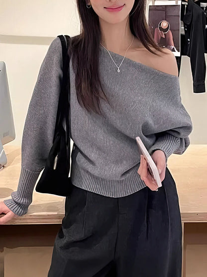 Jersey de punto de manga larga con alas de murciélago para mujer, Top grueso con hombros descubiertos de 300g, suéter de moda coreana, prendas de vestir informales holgadas de otoño