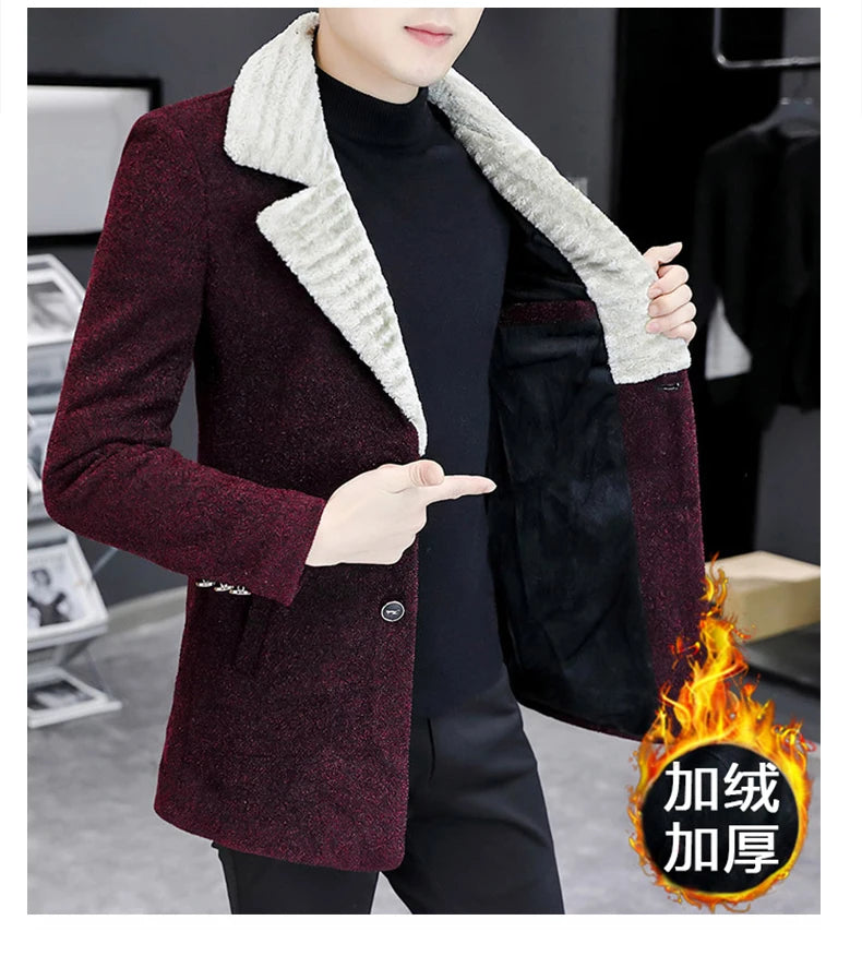Chaquetas de lana de invierno coreanas para hombres, chaqueta de mezcla de lana gruesa de felpa con solapa, gabardina larga informal de negocios, abrigo de calle