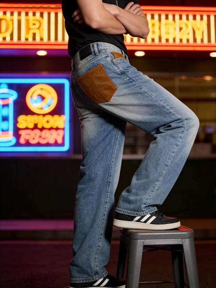Jeans de pierna recta con parches azules vintage de verano 2026 para hombre, pantalones vaqueros casuales americanos con bolsillos marrones, estilo Y2K, streetwear