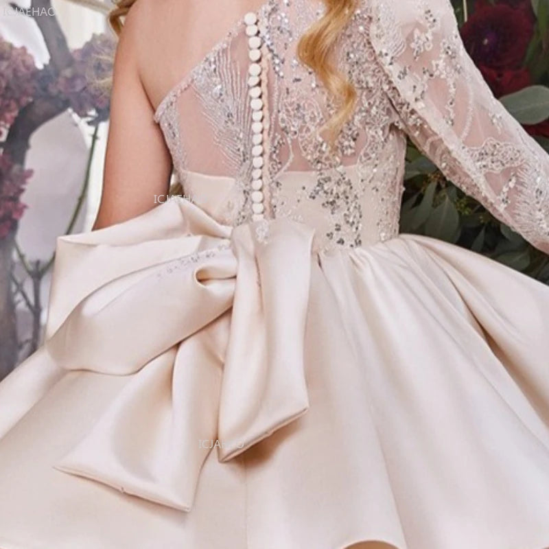 2026 nuevo vestido para niños vestido de princesa con lentejuelas un hombro falda acampanada con lazo Patchwork niños niñas traje Formal de celebración de fiesta