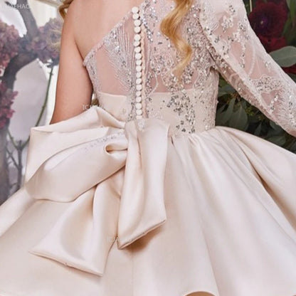 2026 nuevo vestido para niños vestido de princesa con lentejuelas un hombro falda acampanada con lazo Patchwork niños niñas traje Formal de celebración de fiesta