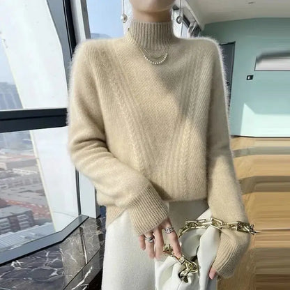 Suéter de punto grueso para mujer, cuello medio alto, ajuste holgado y delgado, camiseta base suave y cálida, estilo coreano,...
