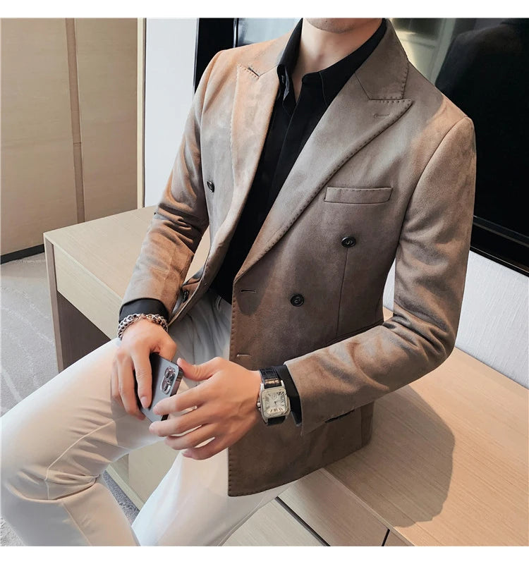 Chaqueta de ante con botones de doble botonadura para hombre, traje de negocios informal, ropa de calle Social, otoño e invierno, 2023
