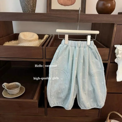 Pantalones informales finos para niñas, novedad de verano, pantalones con cordón de encaje para niños, pantalones de fondo coreanos