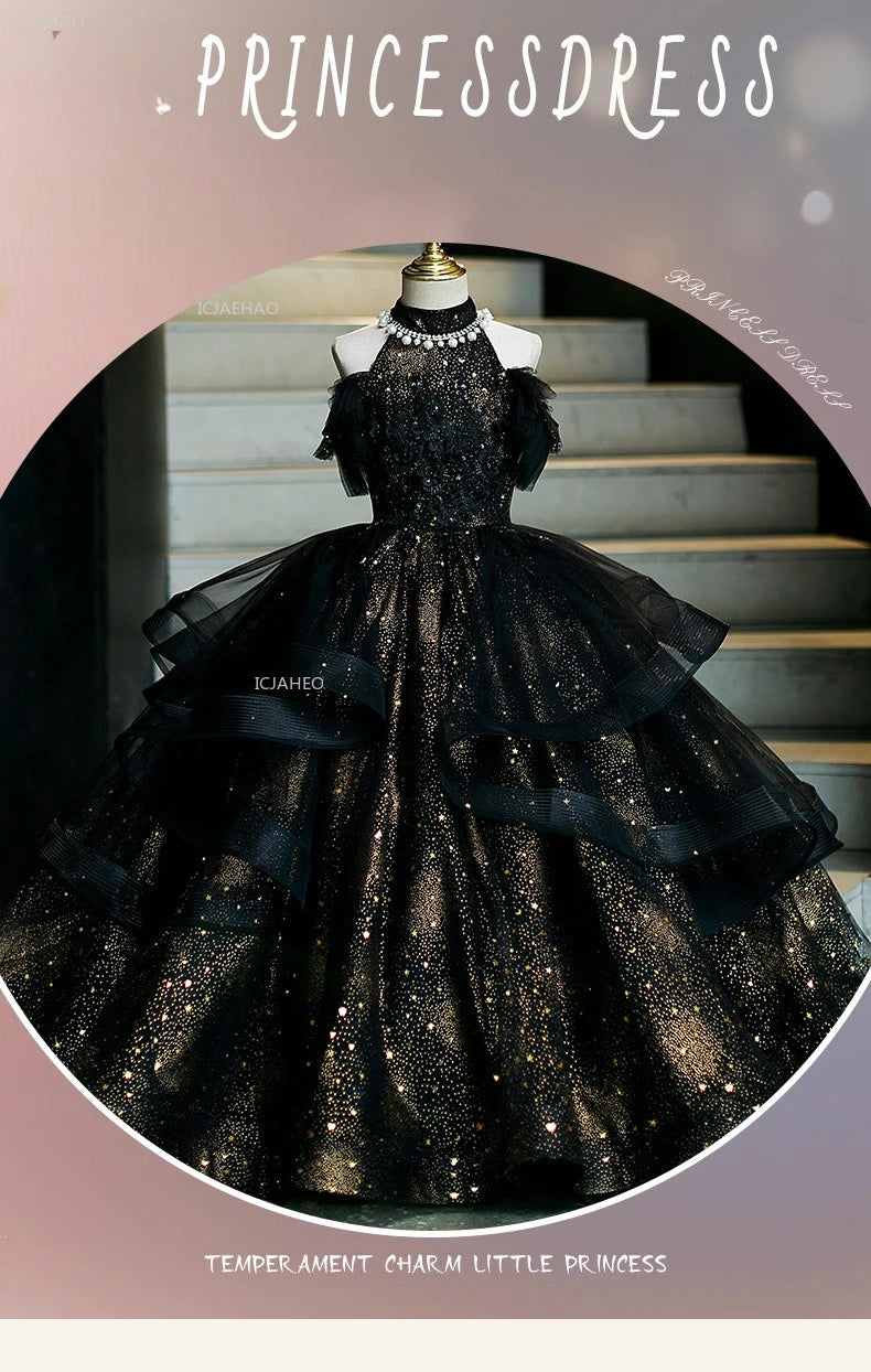 Vestido de fiesta de cumpleaños negro para niñas, vestido de princesa de tul hinchado para actuaciones de Piano, vestidos de desfile de desfile de moda