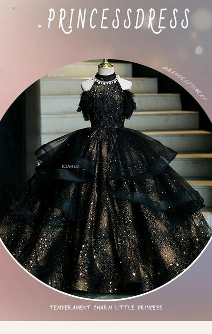 Vestido de fiesta de cumpleaños negro para niñas, vestido de princesa de tul hinchado para actuaciones de Piano, vestidos de desfile de desfile de moda