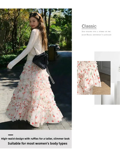 Primavera Verano 2026 Falda Larga de Tul Estampada de Cintura Alta con Empalmes Asimétricos, Falda de Pastel Colorida, Estilo...