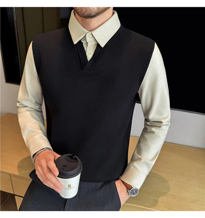 Suéter de punto de alta calidad para hombre, camisa de lana gruesa con cuello empalmado, suéteres con cuello en V, suéter de punto de dos piezas para Otoño e Invierno