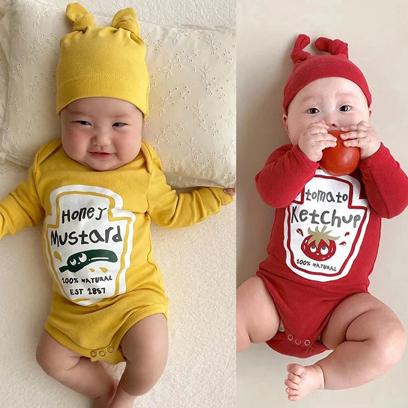 Pelele para recién nacido, mono con sombrero, mono para bebé, Cosplay, gemelos, tomate rojo, Ketchup y disfraz de mostaza amarilla de 0 a 2T