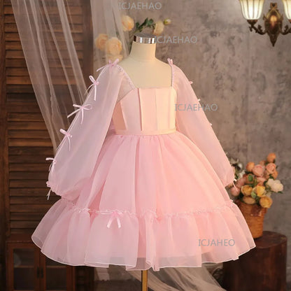 Vestido de Cumpleaños para Niñas, Disfraz de Dama de Honor, Vestido de Princesa de Tul Blanco de Manga Larga, Traje de Gala para Niñas