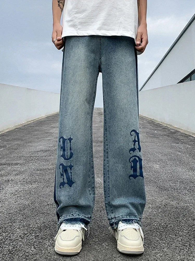 Nuevos pantalones vaqueros holgados azules con estampado de letras góticas Y2K para hombre, ropa de calle Vintage, pantalones vaqueros de pierna recta, pantalones vaqueros holgados de moda Hip Hop
