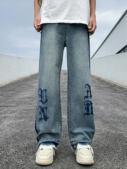 Nuevos pantalones vaqueros holgados azules con estampado de letras góticas Y2K para hombre, ropa de calle Vintage, pantalones vaqueros de pierna recta, pantalones vaqueros holgados de moda Hip Hop