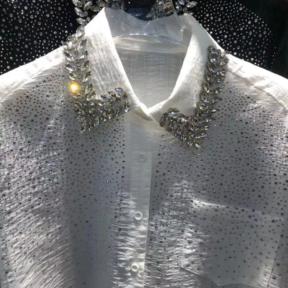 Camisas y Blusas de gran tamaño con perforación en caliente de diamante de punto exquisito de lujo para mujer 2024 Primavera Verano Tops de manga larga Blusas