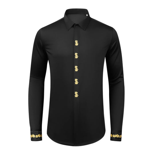 Camisa bordada de flores doradas de manga larga de estilo chino para hombre, camisas informales elásticas 100% de algodón, camisa Formal Social de negocios