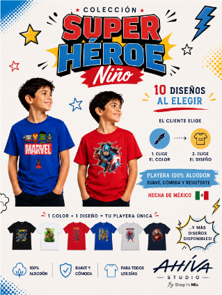 Playera AHÍVA por niño colección Super heroe: 100% Algodón