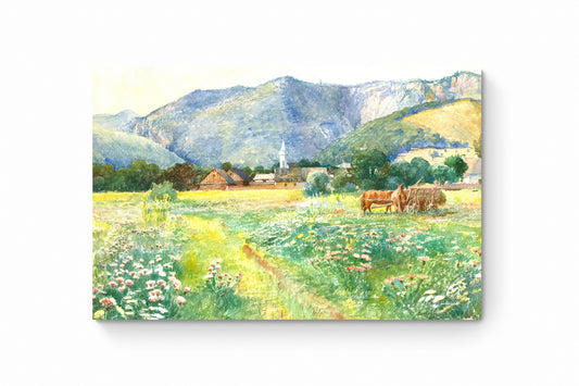 Recarga horizontal Larga Switch in Art impressa Pintura " Paisaje con caballos y aldea "
