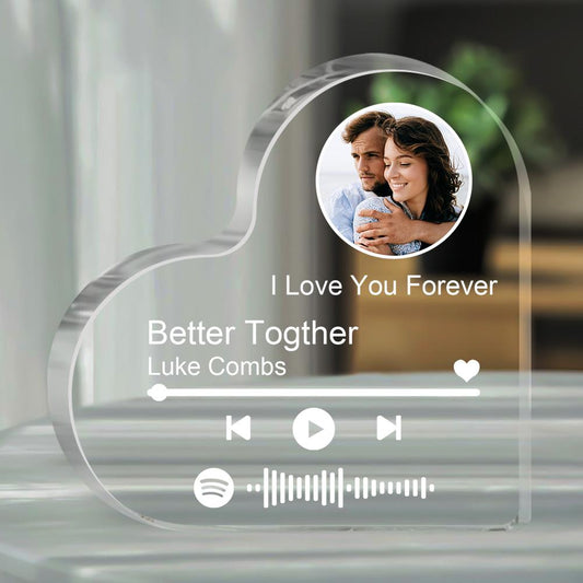 Personalized heart acrylic Spotify photo frame with couple photo and song.
