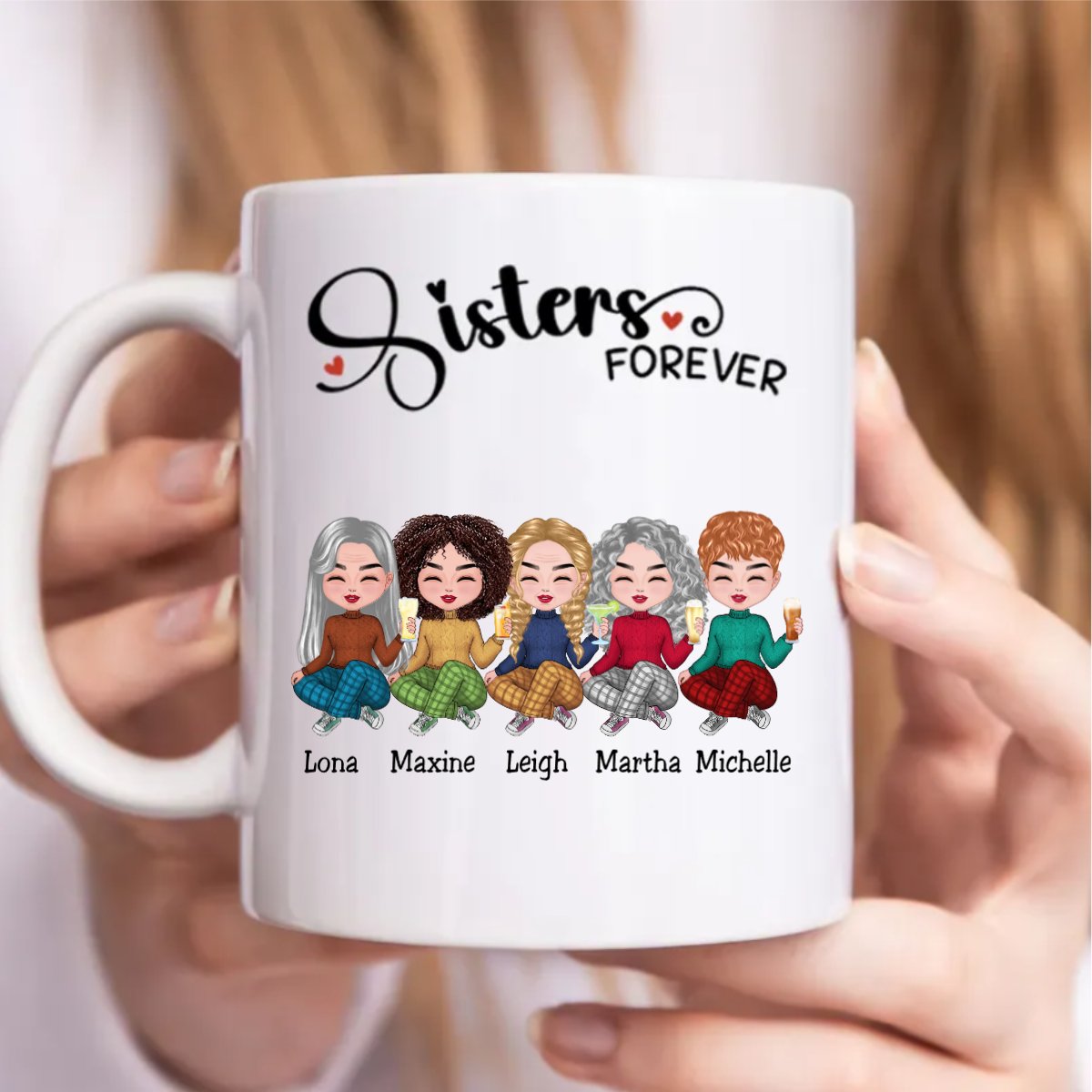 Personalized Sisters Forever mug with custom cartoon illustration and names, ideal gift for sisters.
