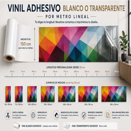 Vinil adhesivo (Ancho 150cm), Mate o Brillante, blanco o transparente, Impresión lineal personalizada